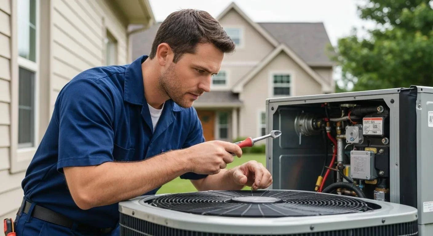 Technician inspecting the electrical compartment of an outdoor air conditioning condenser